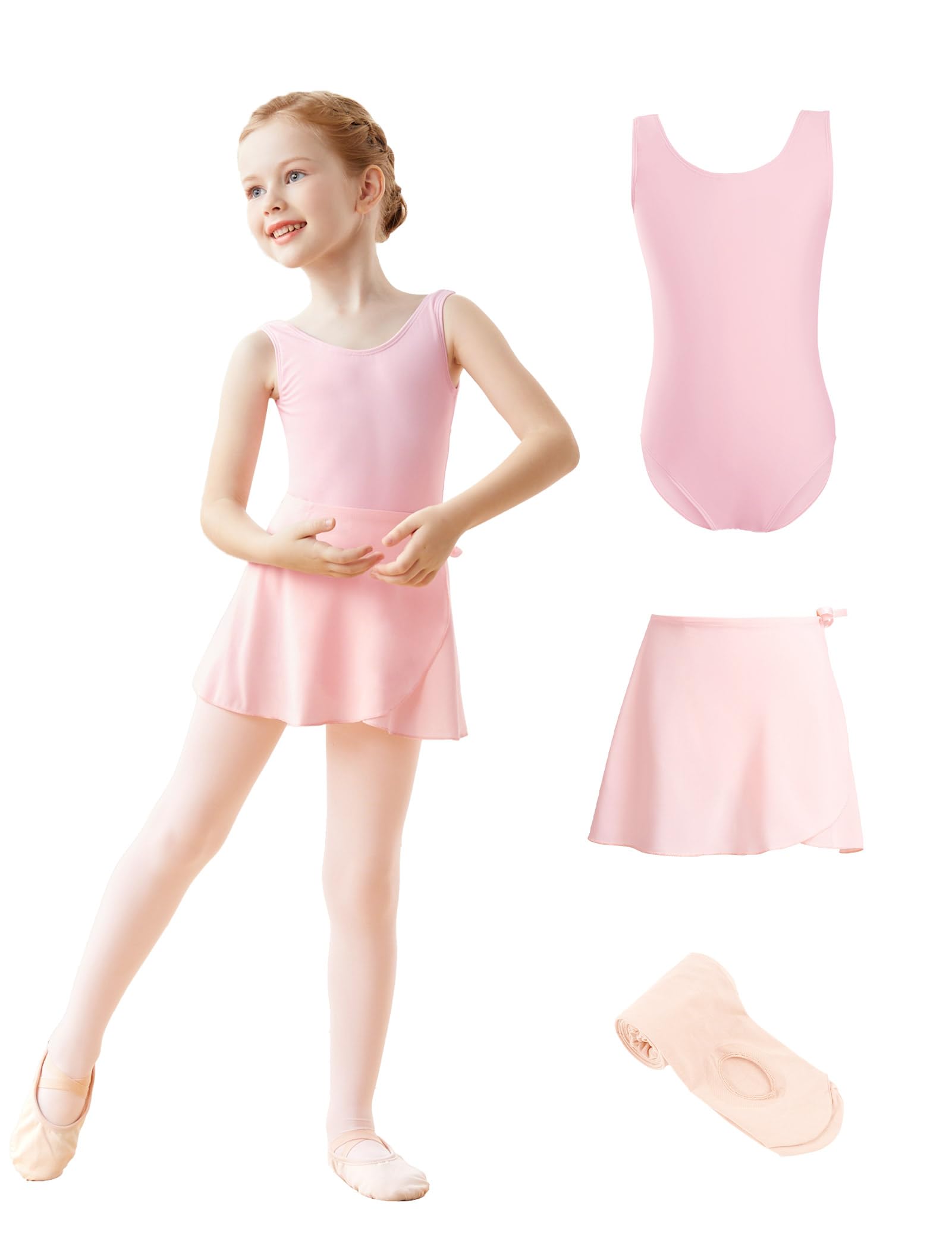 Daydance Lined Tanks Pink Girls Dance Leotards with Ballet Skirts, Dance Tights, Kids Ballet Dancewear 3 in 1 Set