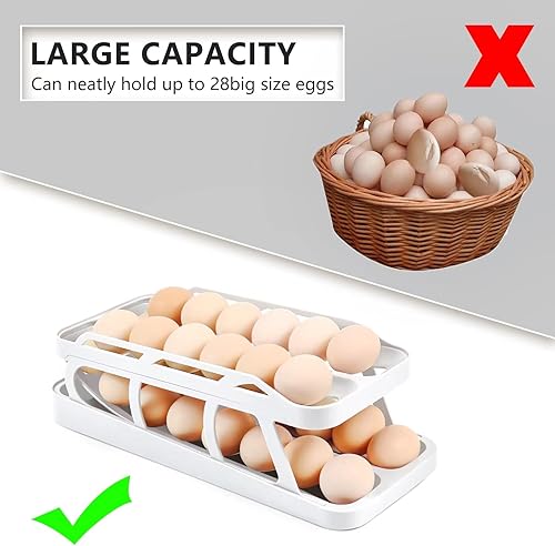 Miniatura 5 de Soporte para huevos para refrigerador, dispensador de huevos rodante de 2 niveles, almacenamiento de 28 huevos, contenedor automático para