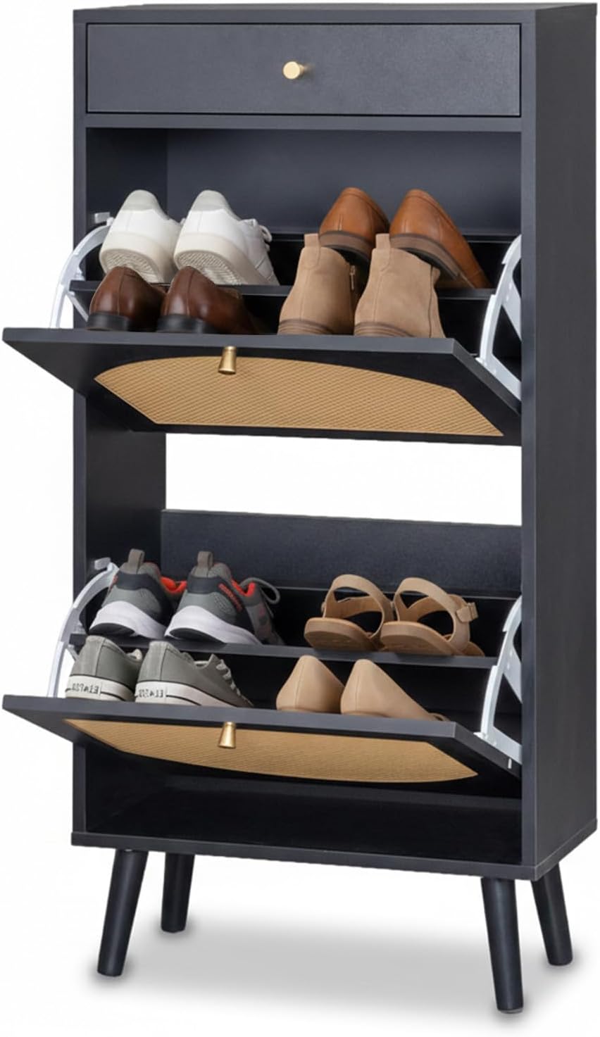 43in Rattan Shoe Cabinet,Farmhouse Wooden Shoe Storage Cabinets,Narrow Hidden Shoes Cabinet,Entryway Shoes Organizer Rack,with 2 Flip Drawers,for Entrance, Hallway, Foyer, Living Room (Black-A)