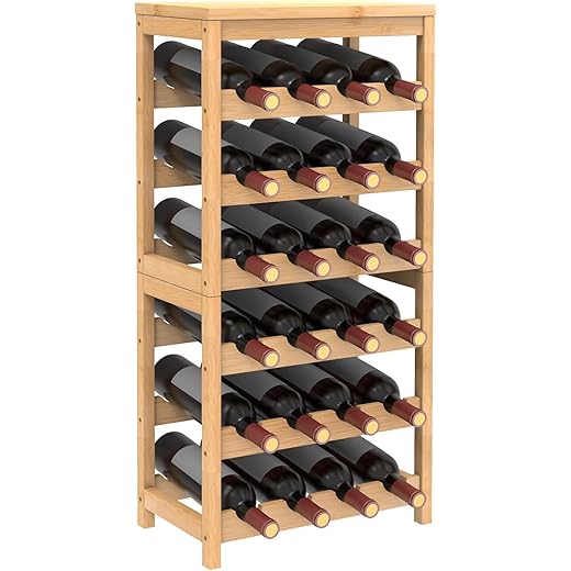 24-Bottle Bamboo Wine Rack Freestanding Floor, 6 Tier Wine Display Rack with Table Top, Wine Storage Shelf for Kitchen Dining Room Bar