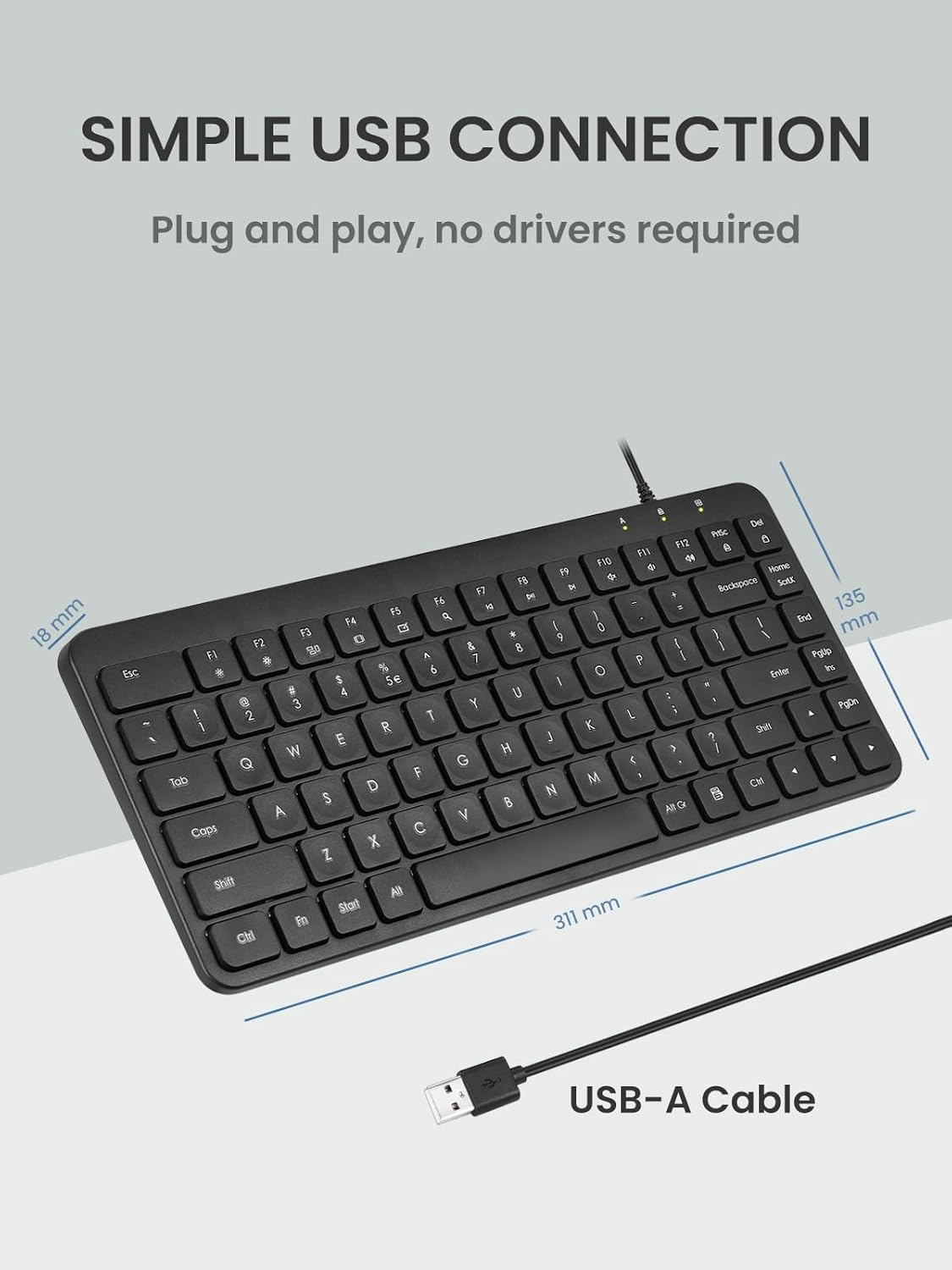 Perixx PERIBOARD-414U Wired USB Mini Keyboard, Compact 12.24x5.32x0.71 Inches, Plug and Play, Black, US English Layout
