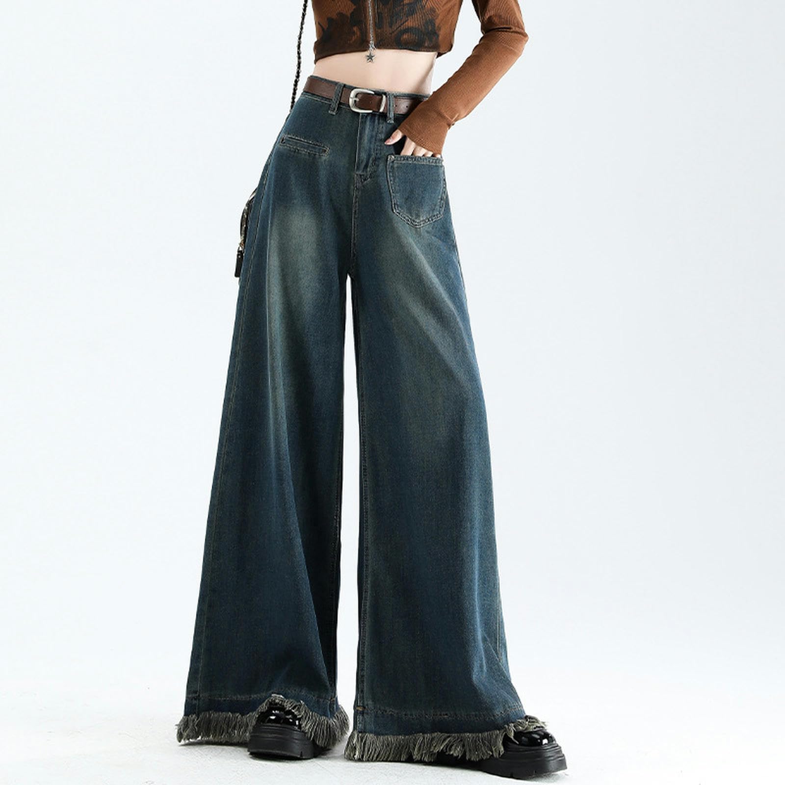 Jeans a Gamba Larga per Donna, Vita Alta, Larghi, alla Moda, Pantaloni a Gamba Larga Gonna - Bordo a Gamba Larga - M