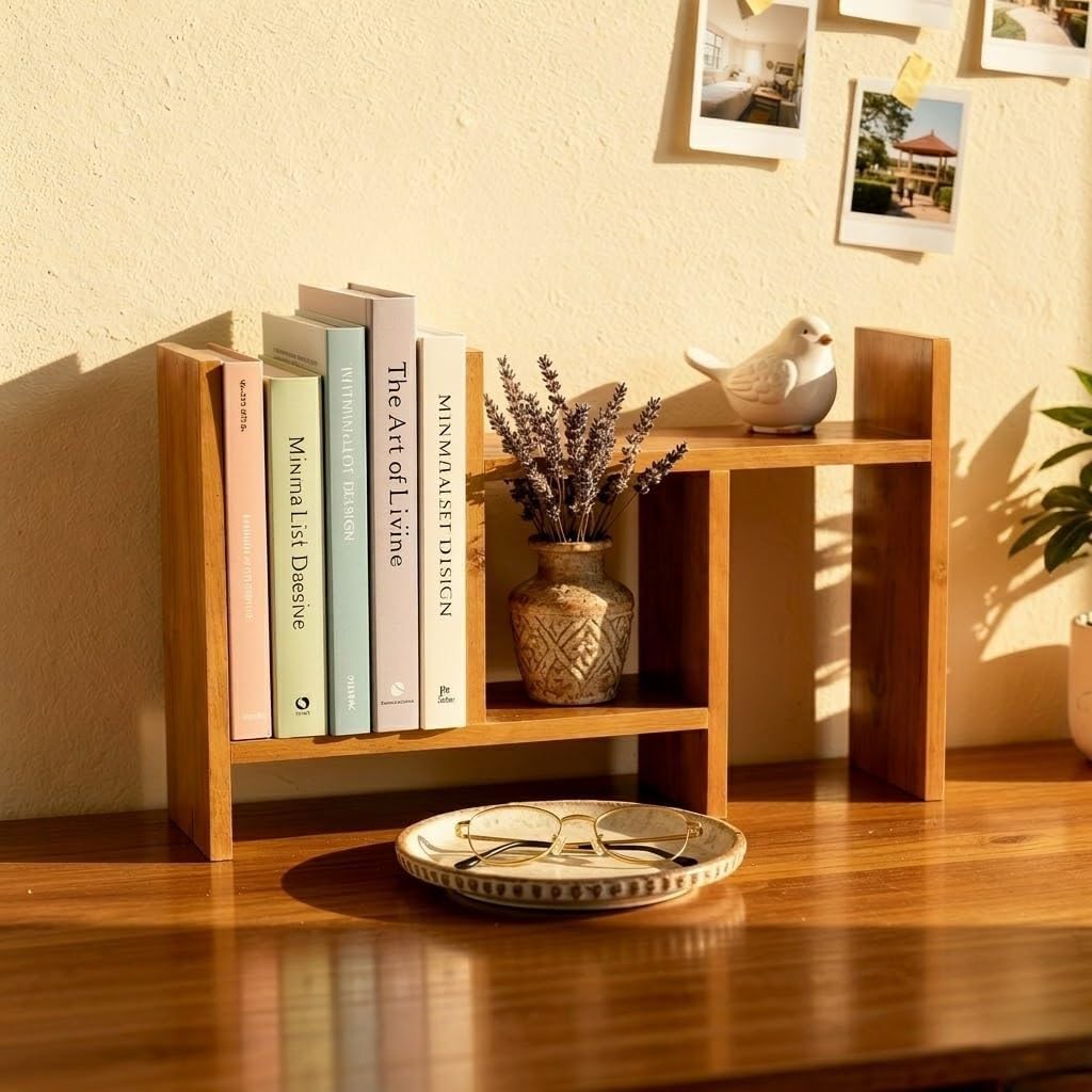 reny enterprise engineered wood wooden book shelf for home & office table - multipurpose desktop bookshelf organizer for study room, living room & workspace modern wooden storage rack (yellow)