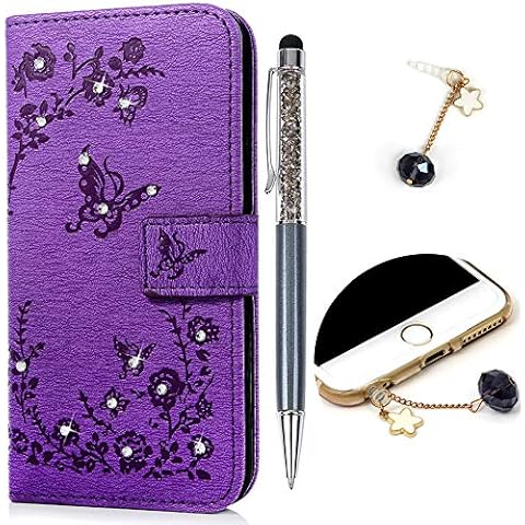 LG K4 2017 Case Butterfly & Flower Bling PU Leather Wallet Flip Case Cover Smart Stand Case Card Slots With 1 x Touch Pen and 1x Dust Plug Phone Case for LG K4 2017 - Purple Cover