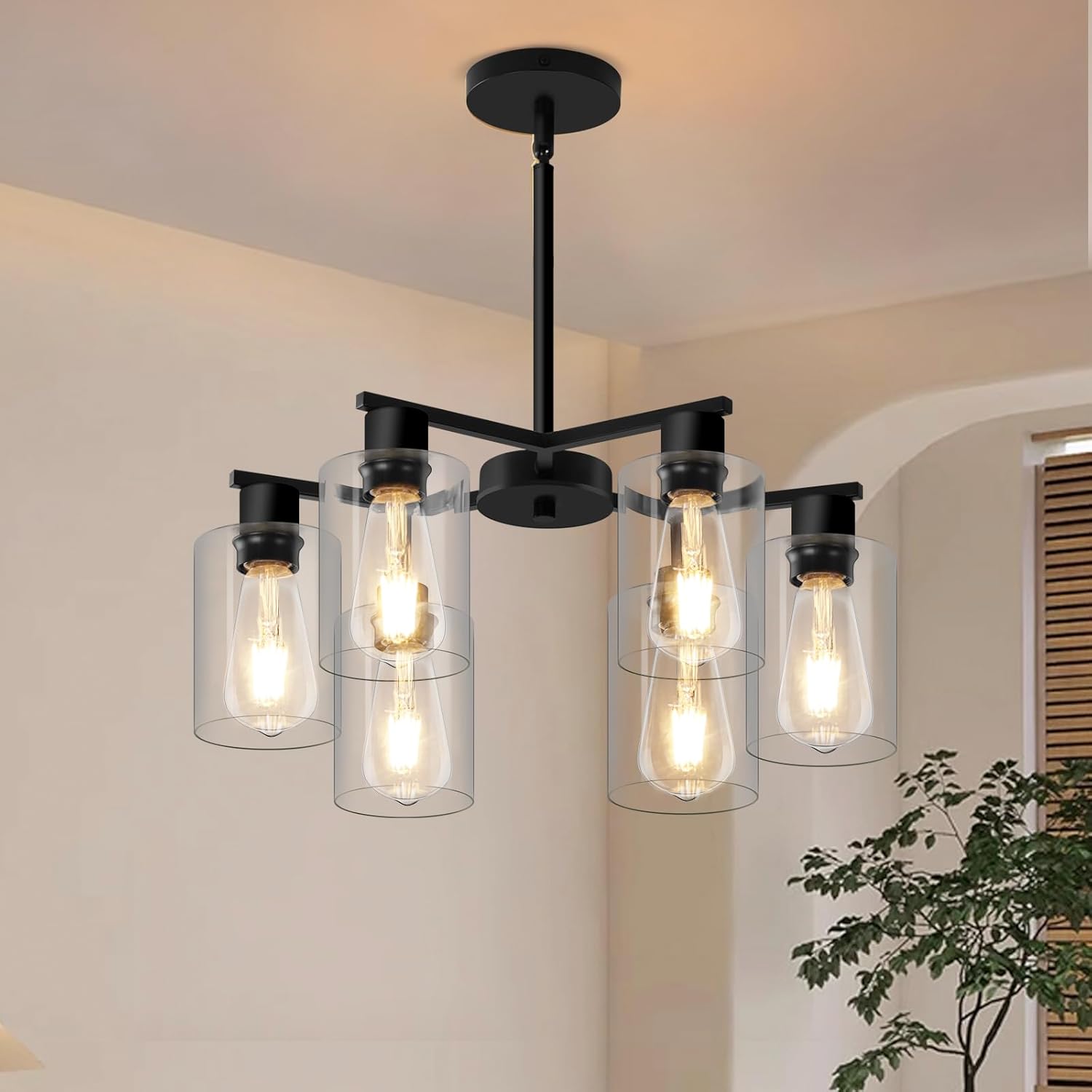 6-Light Modern Chandelier Farmhouse Black Chandeliers for Dining Room with Clear Glass Shades Adjustable Height Hanging Pendant Lights for Kitchen Island Living Room Entryway Foyer Bedroom
