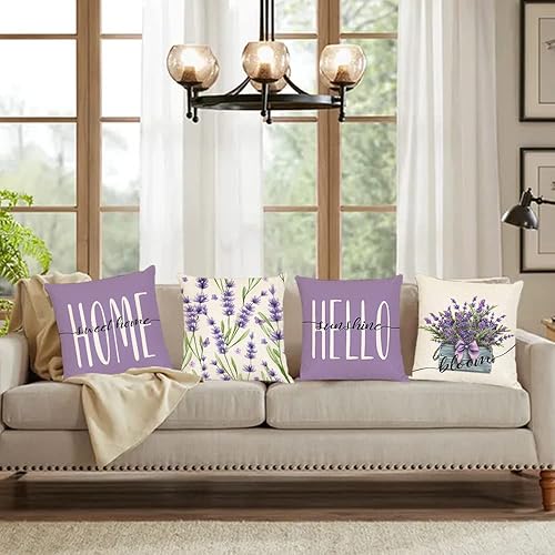 Miniatura 7 de Juego de 4 fundas de almohada de lavanda de 18 x 18 pulgadas, fundas de almohada de flores moradas, fundas de almohada cuadradas de algodón y lino