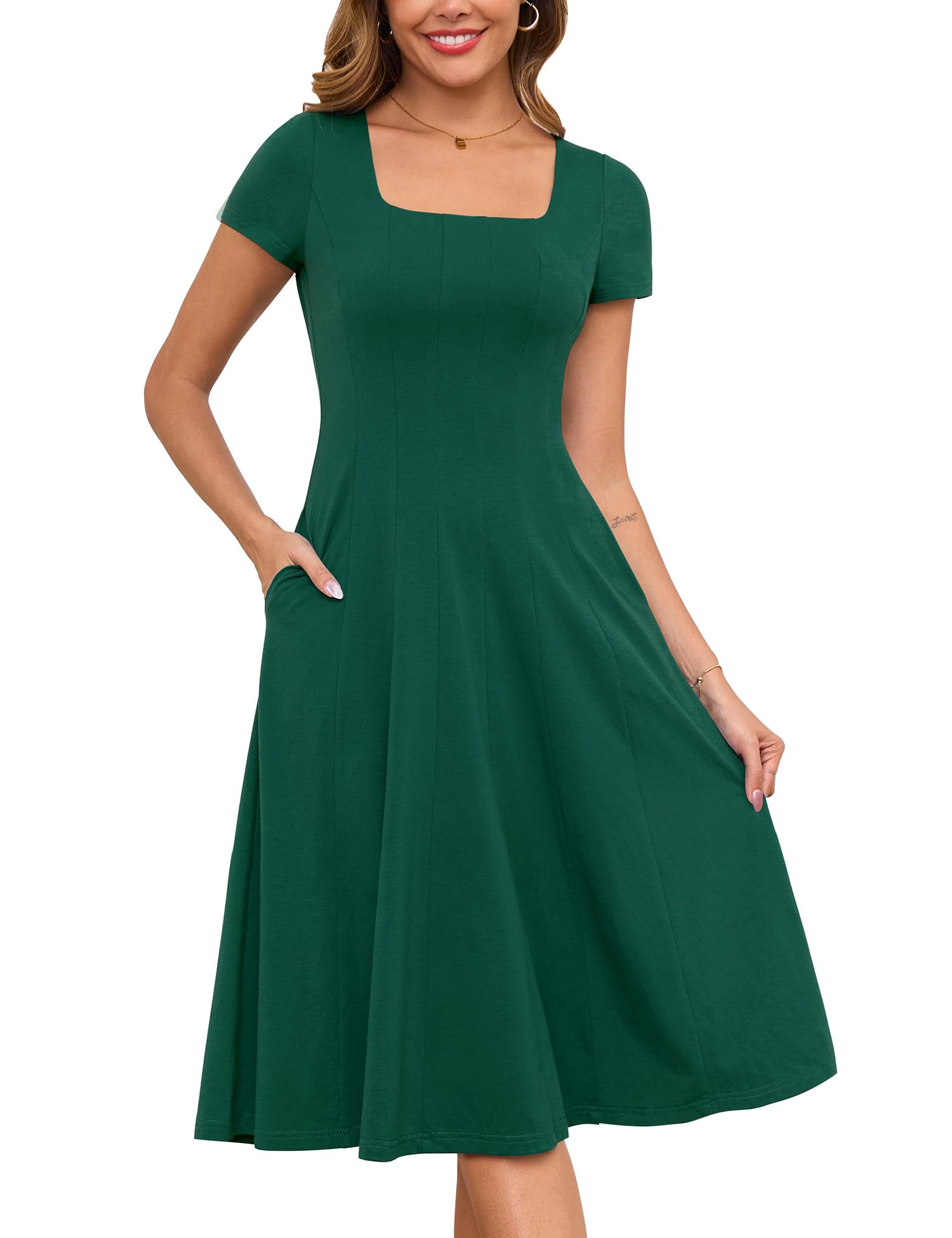 Annebouti Womens Spring Summer 2025 A-Line Square Neck Short Sleeve Semi-Formal Casual Work Midi Dress with Pockets
