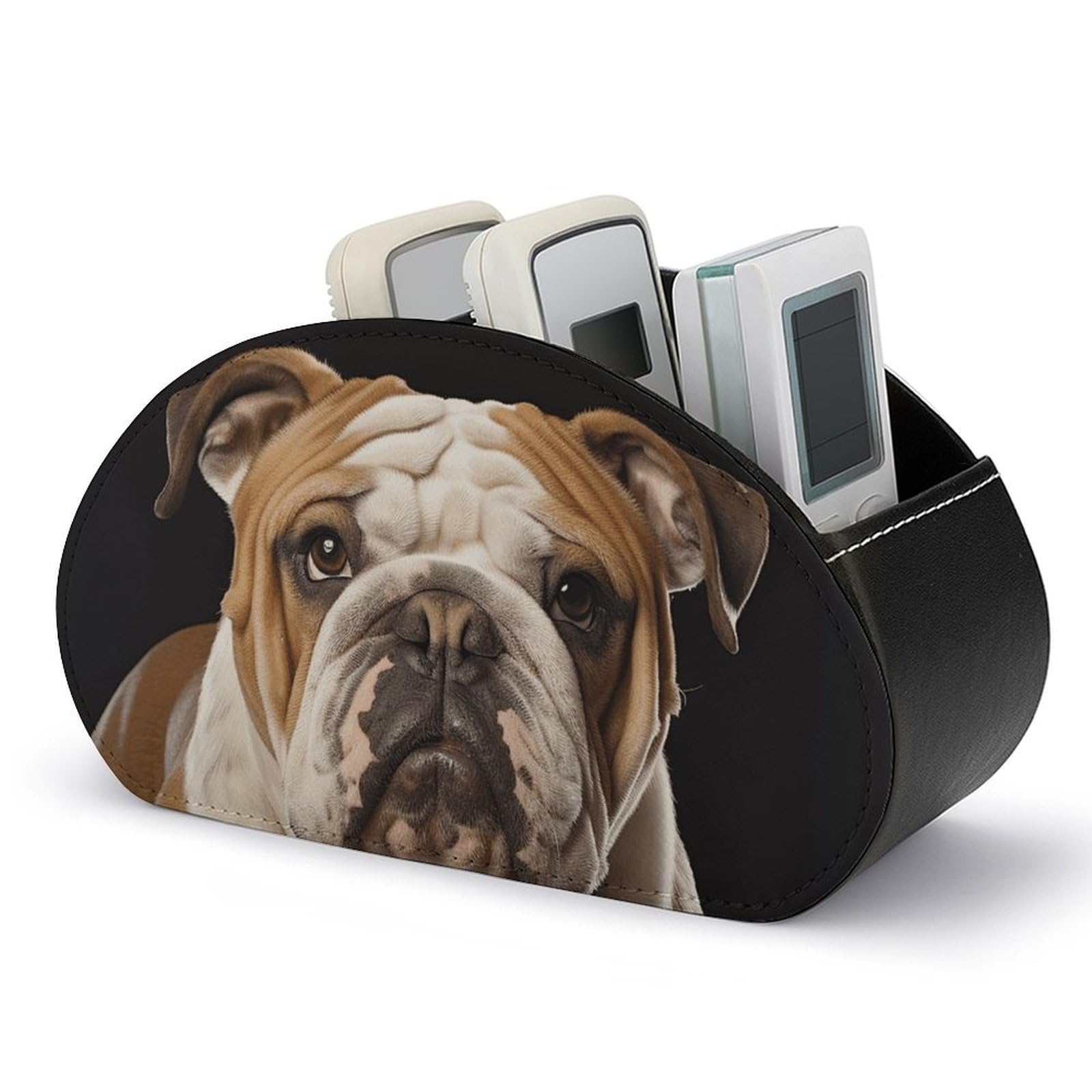 VstaDank English-Bulldog Remote Control Holder with 5 Compartments PU Leather Remote Caddy Desktop Organizer Store TV Remote Control Storage Box for Home Office Desk Nightstand