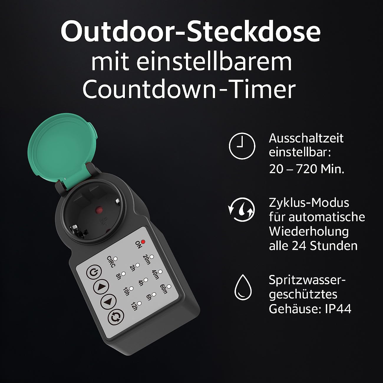 revolt Kurzzeit-Timer-Steckdose: 2er-Set Outdoor-Steckdose mit Countdown-Timer, IP44, 3.680 Watt (Ausschalt Steckdosen, Zeitschaltuhr Countdown)