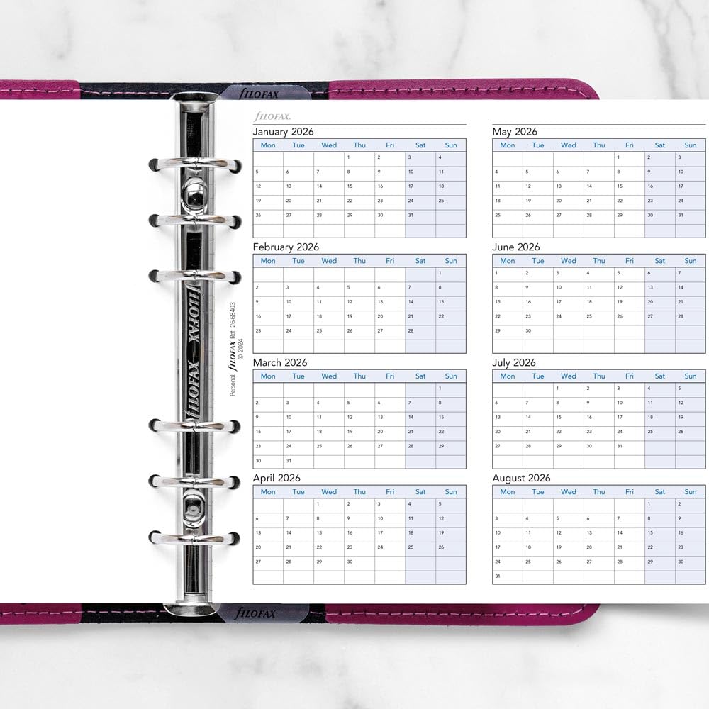 Filofax Recharge d'agenda pour calendrier, format personnel/compact, agenda vertical quatre-années, papier blanc, anglais, 2026 (C68403-26)