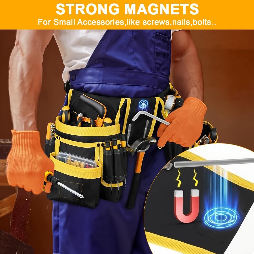 Serplex® Magnetic Tool Pouch Electrician Tool Waist Bag Tool Organizer Bag with Multi Pocket & Metal Hammer Holder, Adjustable Work Belt Pouch for Electrician, Carpenter, Construction