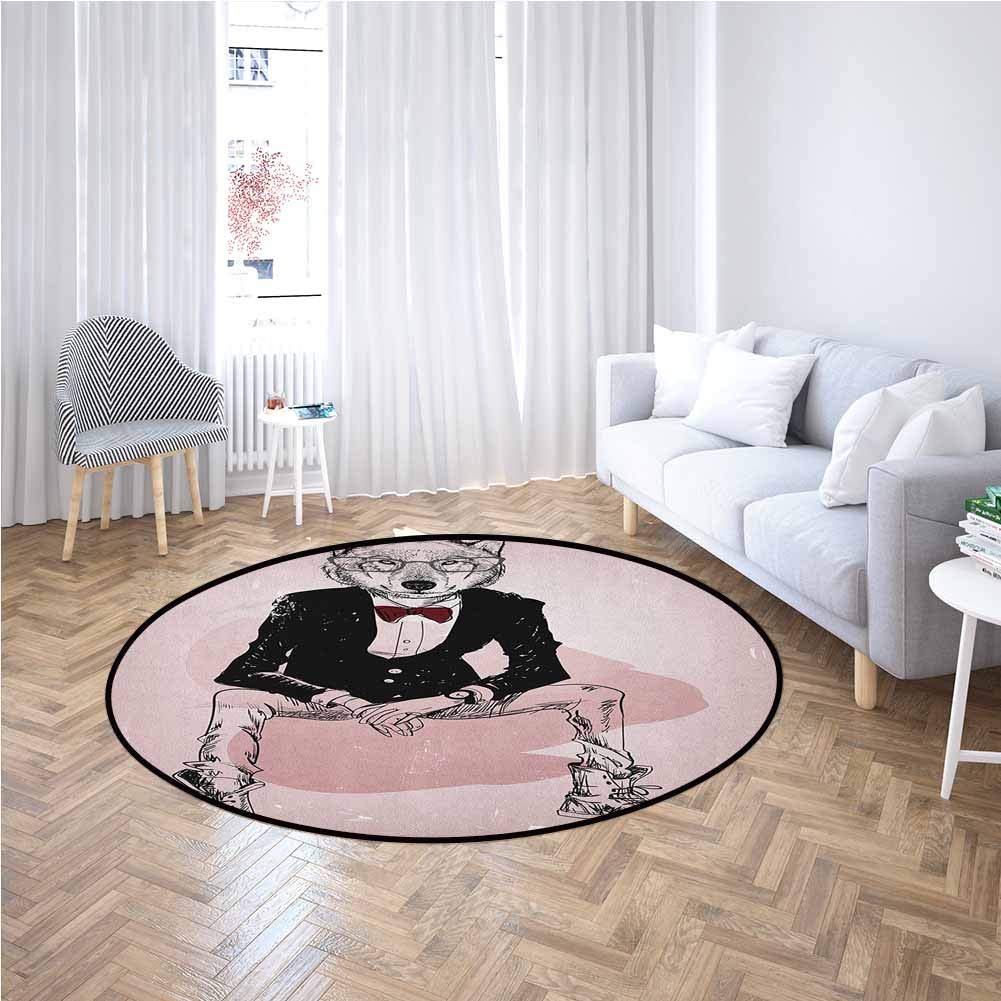 Indie Hallway Round Rug Hipster Portrait of Sitting Wild Wolf with Glasses Smart Casual Outfit Easy to Clean Carpet Baby Pink Black Burgundy,Diameter 2'7"(80cm)