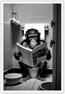 KOEUIRW Funny Gorilla Bathroom Canvas Wall Art Cute Monkey In Toilet Posters Black and