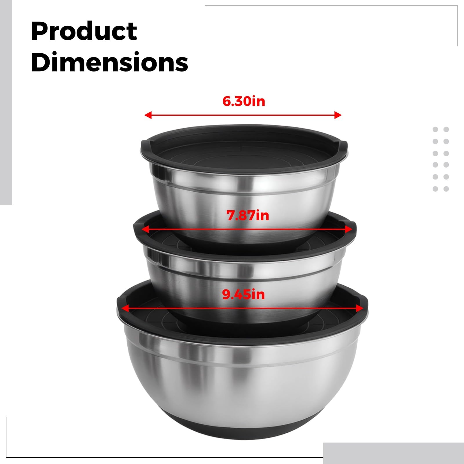 3 Stk. Edelstahl-Mischschüsseln mit schwarzem Silikonboden und Deckeln, stapelbares Salatschüssel-Set, spiegelpoliert, robust, leicht zu reinigen, 16/20/24 cm, für Küche