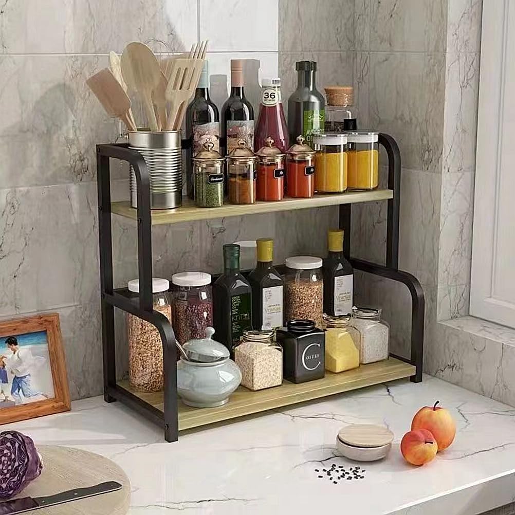 Stainless steel +wooden board 2-tier kitchen countertop condiment spice storage rack, wood black seasoning tank kitchen supplies organizer shelf (Large)