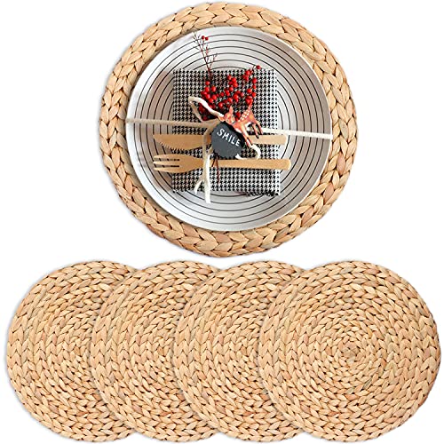 Boho Placemats For Dining Table Set Of 4, Water Hyacinth Placemats For Round Table, Round Placemats For Round Tables, Woven Placemats Set Of 4, Farmhouse Placemats 13.4" #TOP3