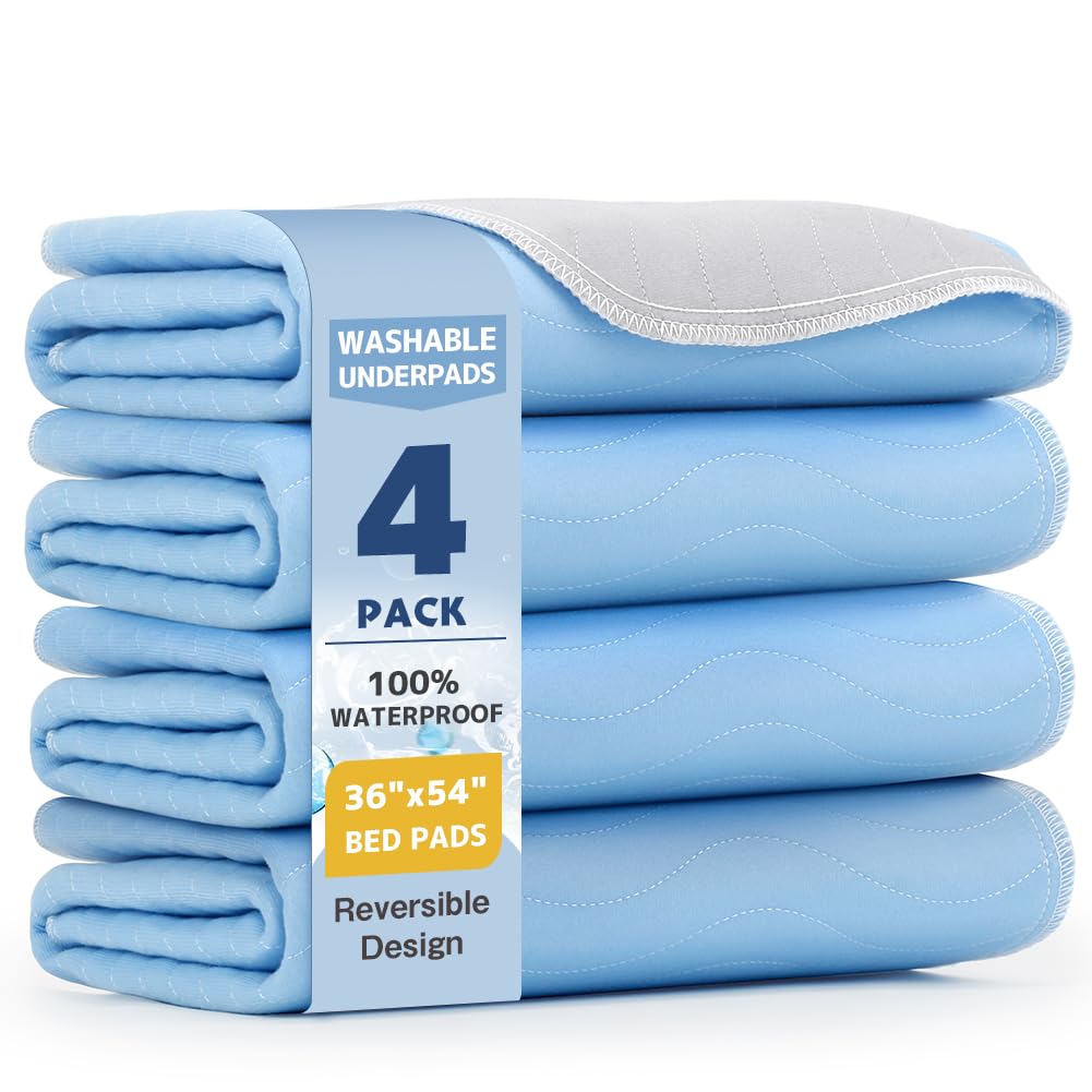 Washable Underpads 36"x54"(4 Pack)– Dual-Sided &amp; Ultra-Thick, Heavy Duty Waterproof Nursing Pads Incontinence Bed Pads, Reusable Washable Pee Pads for Dogs, Diaper Changing &amp; Adults Pads