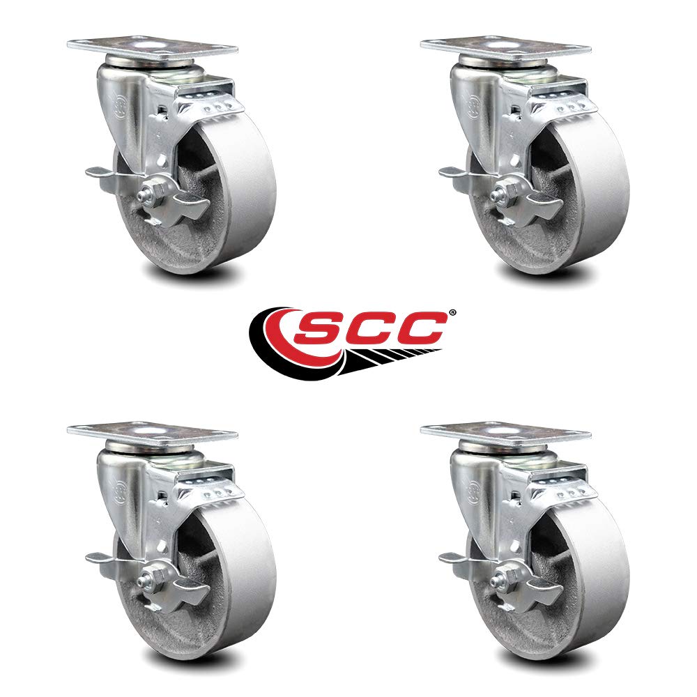 Semi Steel Cast Iron Swivel Top Plate Caster Set of 4 with 4 Inch Silver Wheels - Includes 4 Swivel with Top Lock Brakes - 1200 lbs. Total Capacity - Service Caster Brand