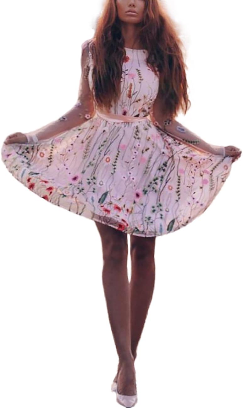 BoutiquefeelWomen Floral Embroidery Casual Mesh Dress Pink S
