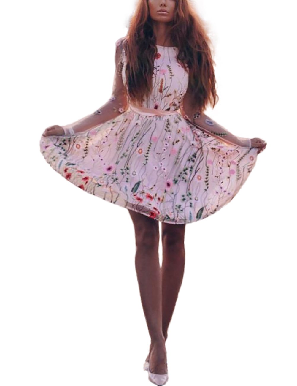 Boutiquefeel Women Floral Embroidery Casual Mesh Dress Pink L