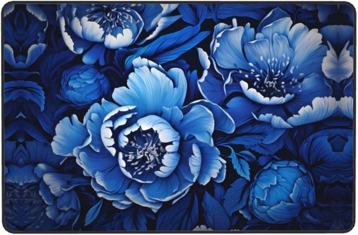 Blue and White Peony Prints Anti-Slip Floor mat Carpet Rug 72"x48" for Living Room Office Coffee Table Bed Balcony