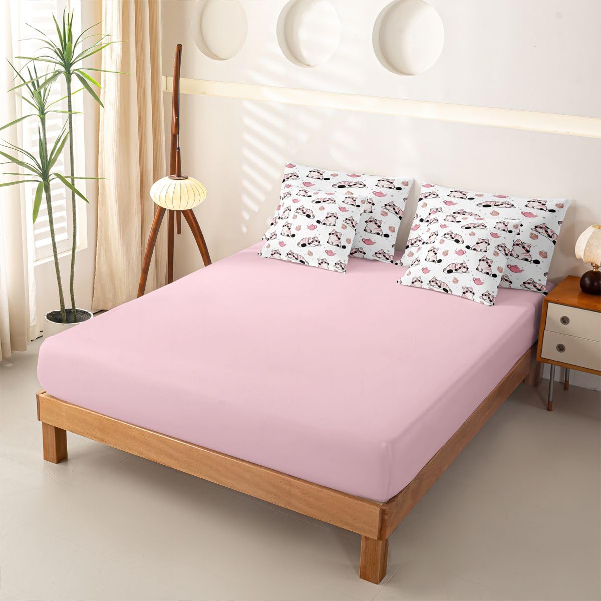 Loussiesd Set di biancheria da letto per letto singolo, 7 pezzi, bianco, rosa, grigio, con gatto, per bambini, ragazzi e ragazze, con copripiumino, lenzuola, federe, federe