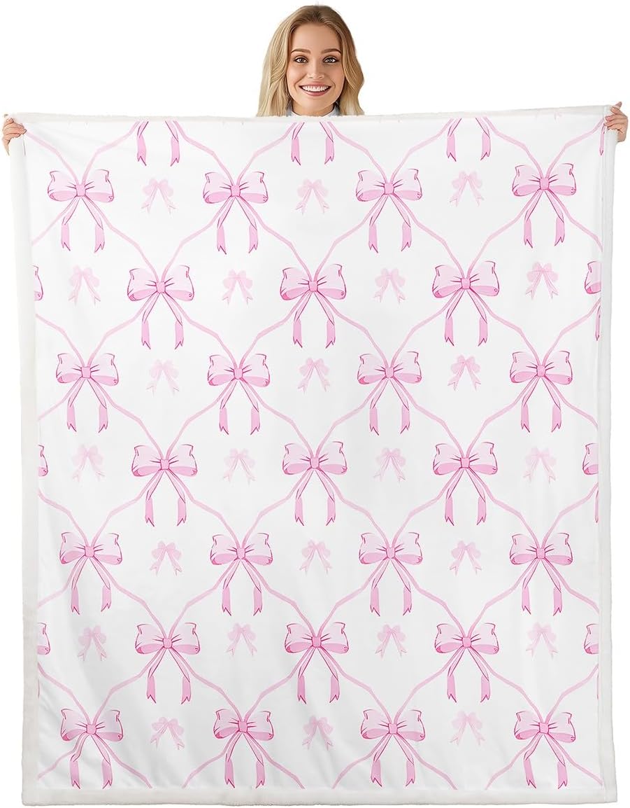 Feelyou Cartoon Bow Plush Blanket for Bed Sofa Couch for Kids Bowknot Sherpa Blanket Boys Girls Bow Plush Blanket for Bed Sofa Couch Princess Fuzzy Blanket Queen 90"x90"