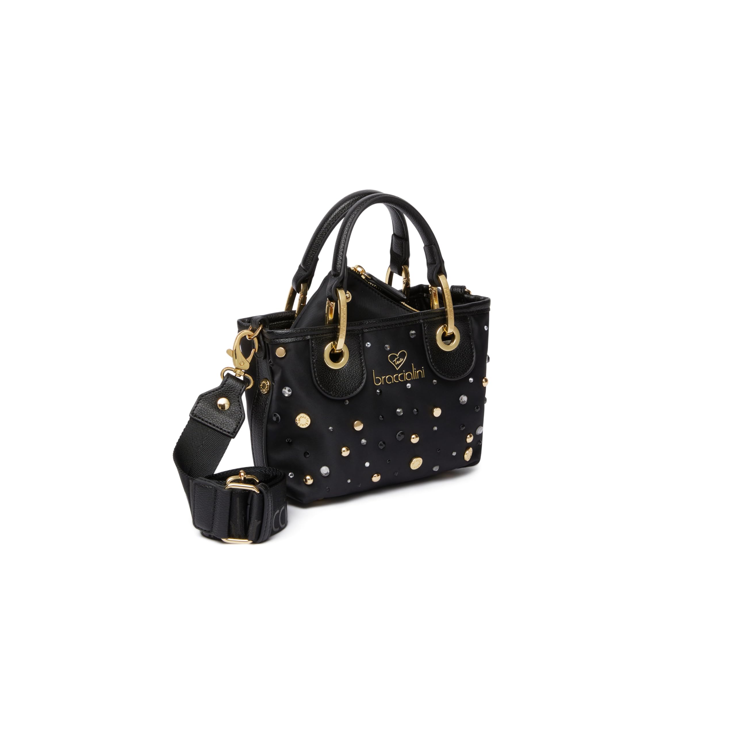 Braccialini Beth Strass Borsa a mano di piccole dimensioni con doppi manici, chiusura con clip e tracolla in nastro logato rimovibile e regolabile che ne permette la doppia portabilità. All'interno