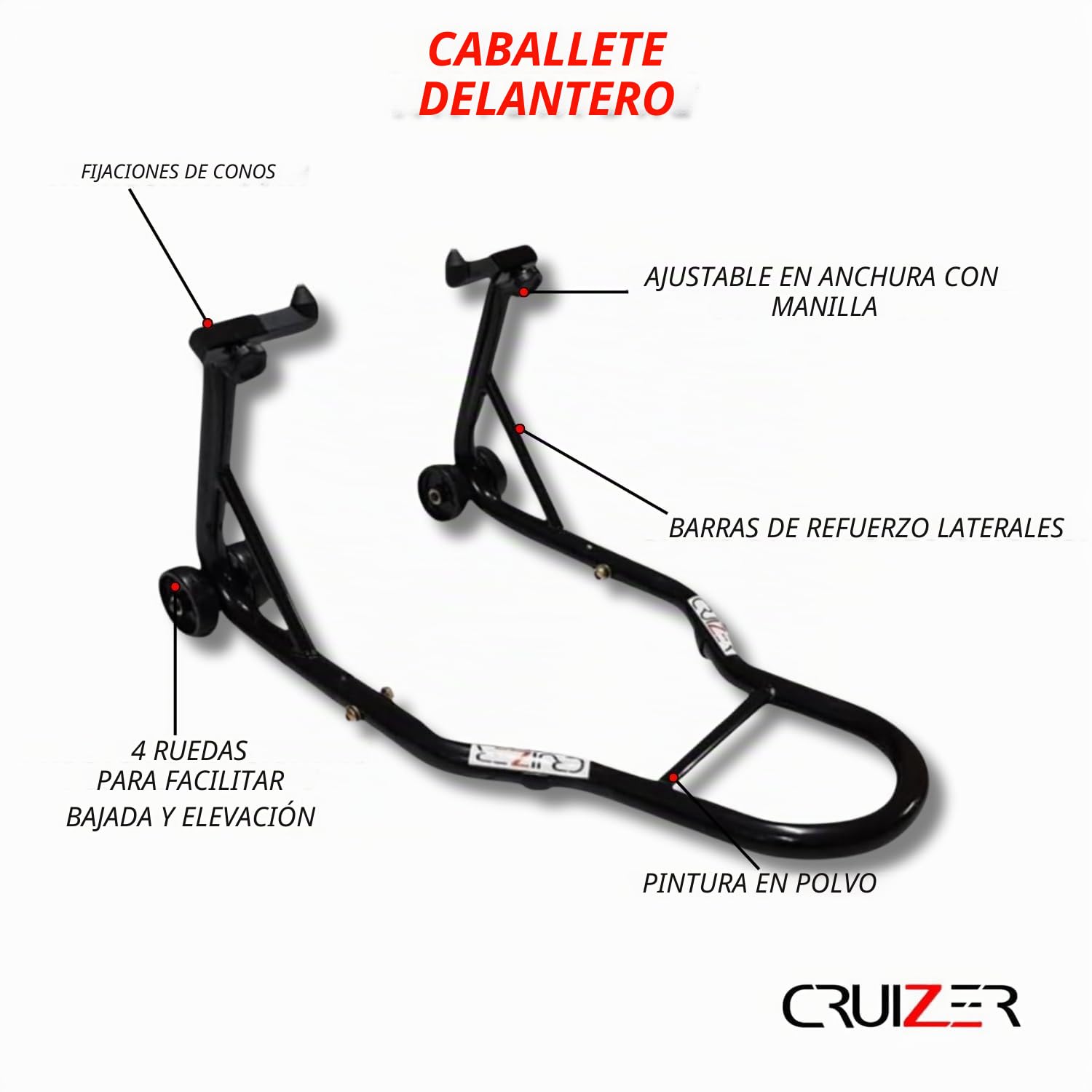 Cruizer – Caballetes negros para moto delanteros con enganches de conos y traseros con enganches de placas, ajustables con ruedas inferiores y barras de refuerzo laterales, carga total: 600 kg