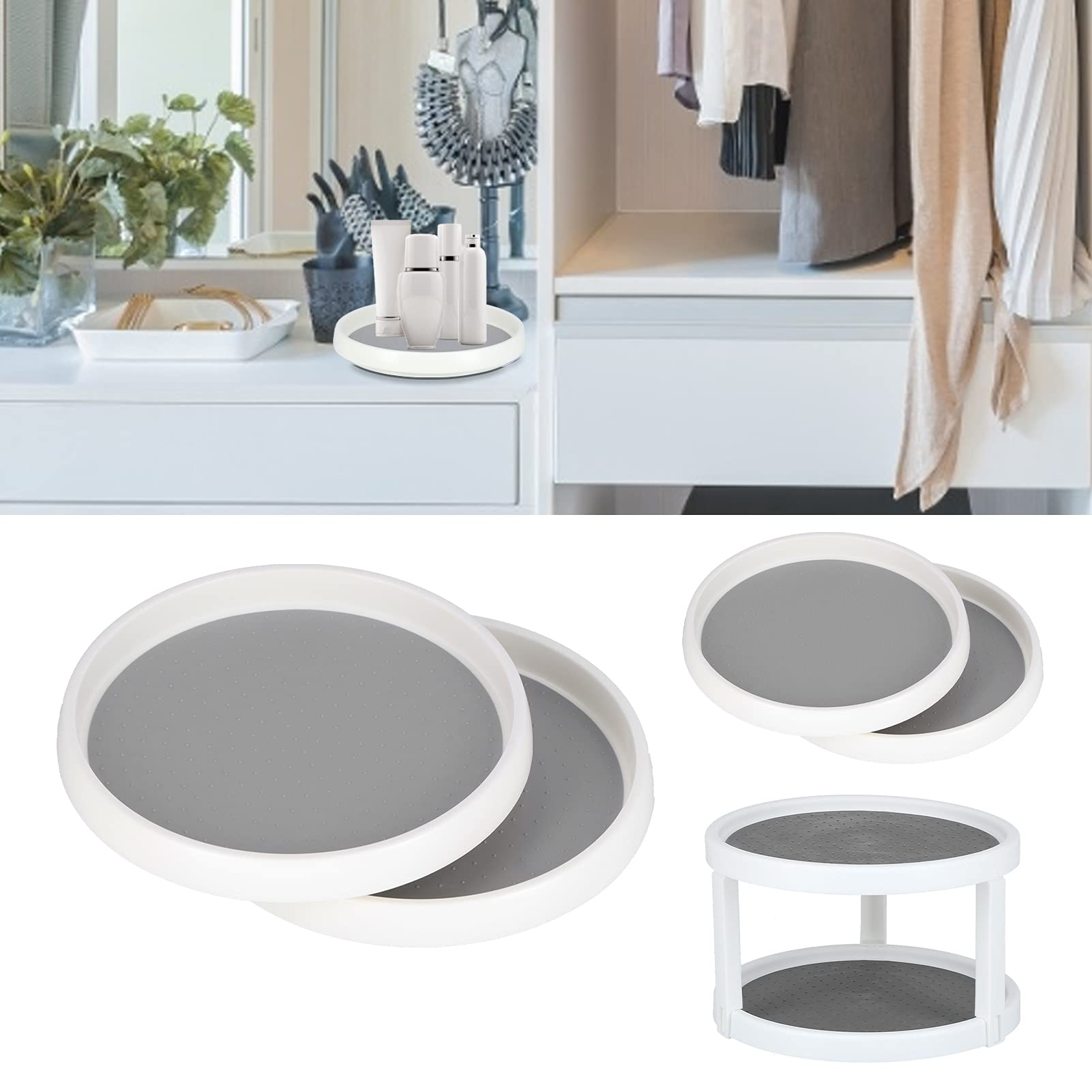 Organisateur d'armoire à Plateau tournant antidérapant Lazy Susan de 10/12 Pouces - Support à épices Rotatif à 360 degrés - Blanc et Gris(S)