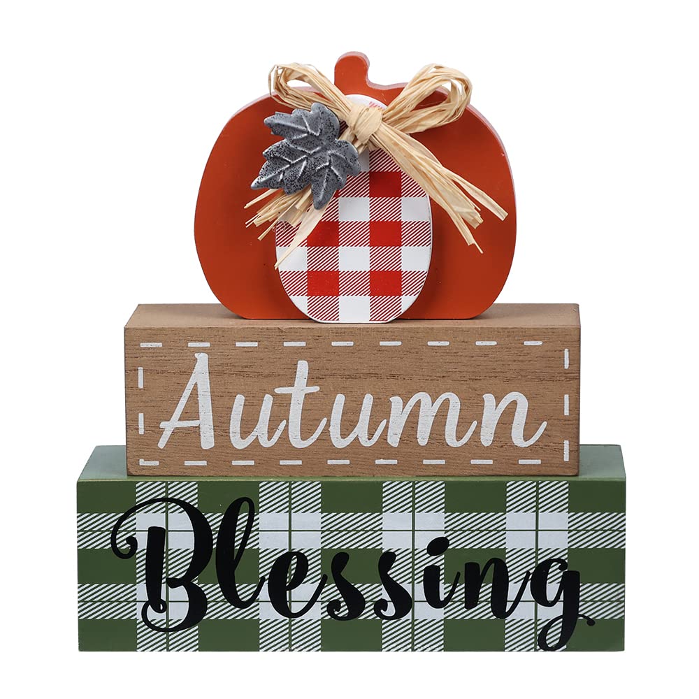 Photo 1 of 2 PACK OF DEWBIN Thanksgiving Decorations for Home, Large Size 3-Layered Wood Block with Pumpkin Element and Autumn Blessing Lettered for Fall Decor, Thanksgiving Decor for Tables, Tiered Tray, Mantel Color-1