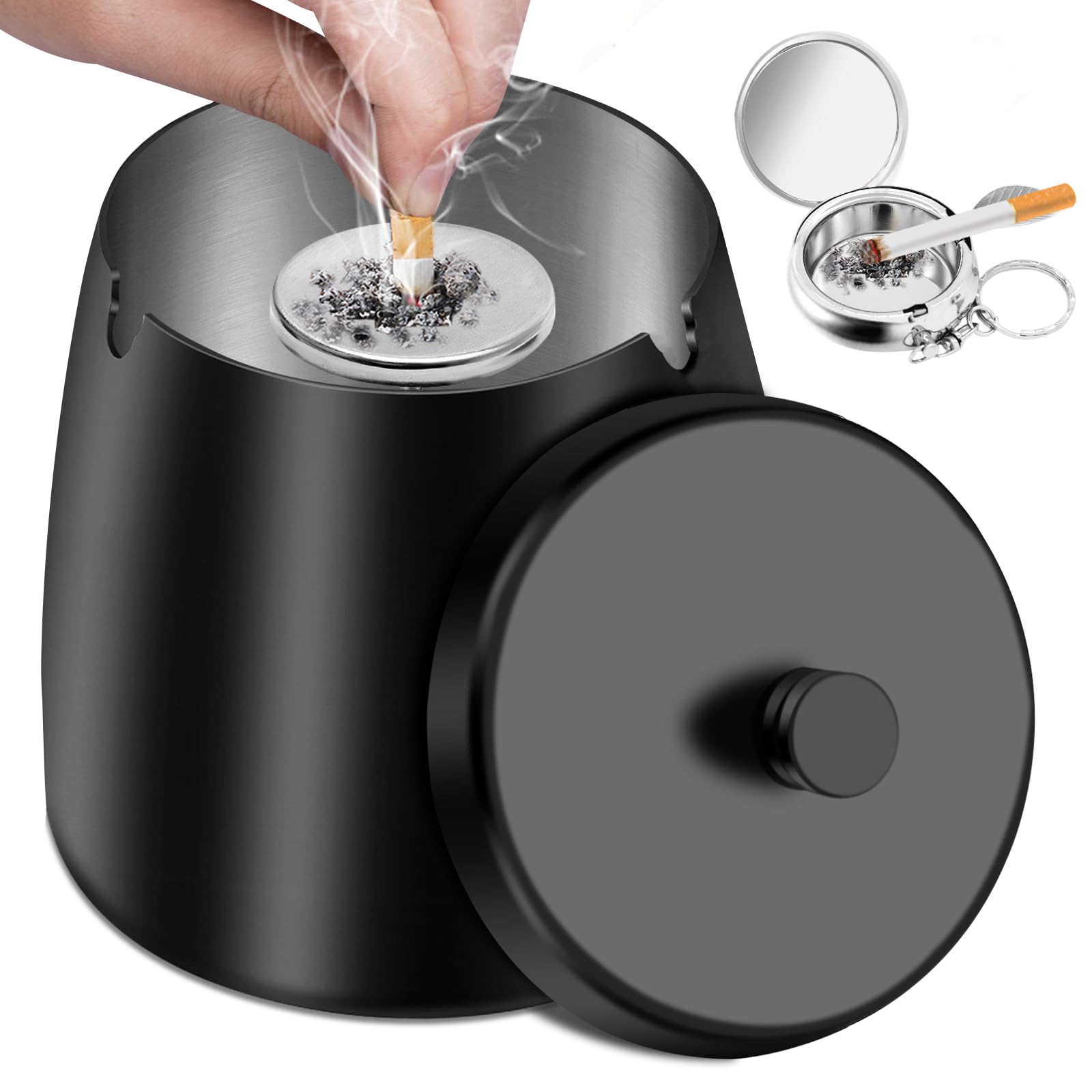 Ashtray with Lid - Ash Tray for Cigarettes Smokers, Large Home Ashtray with Portable Small Ashtray for Indoor Outdoor, Windproof Outside Metal Ashtrays with Cover Smell Proof for Patio (Black, XL)