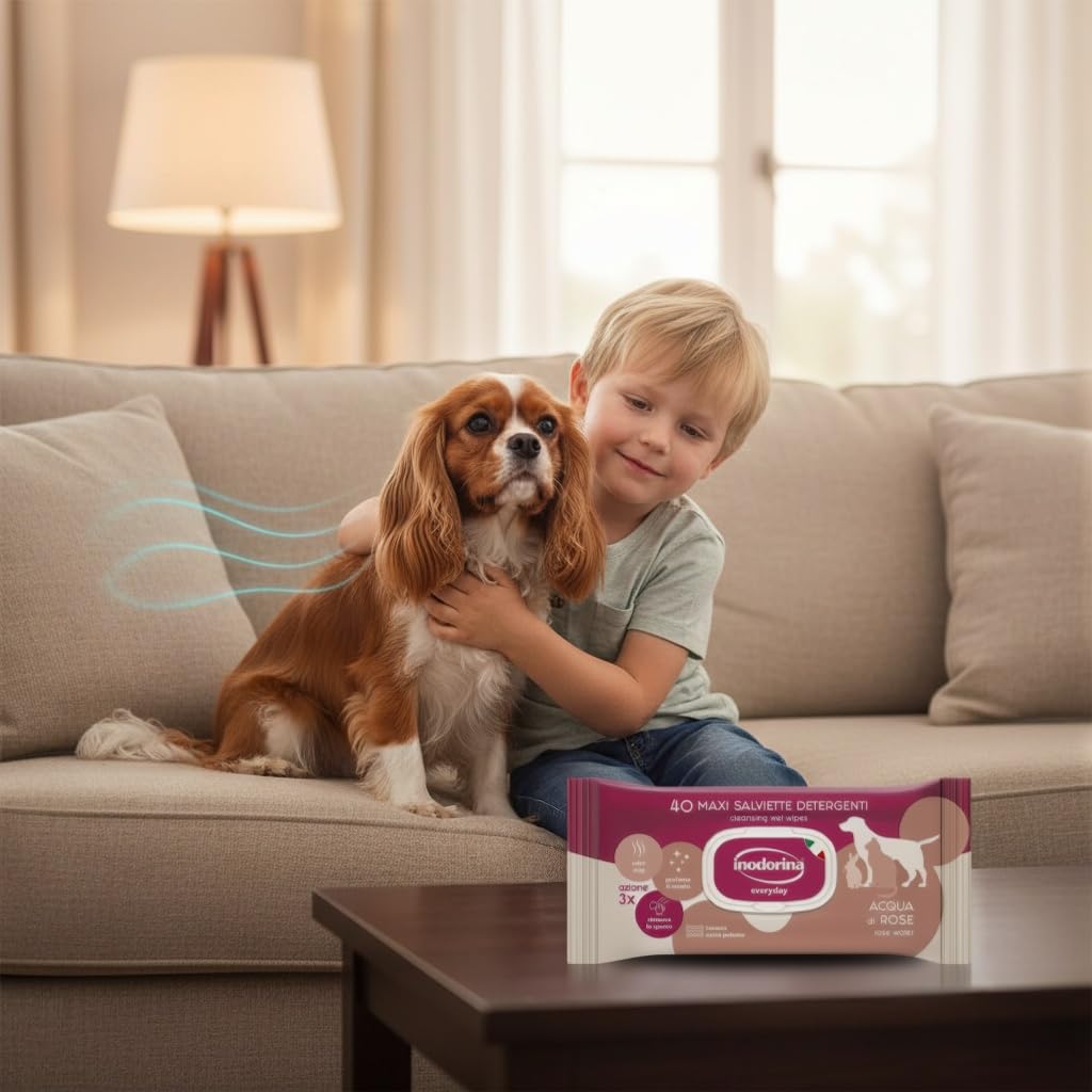 Inodorina Salviette per Cani, Gatti e Cuccioli Everyday (12 Confezioni da 40 Pezzi, Acqua di Rose) – Salviettine per Animali in Tessuto Resistente con Odor Stop – Azione idratante ed emolliente