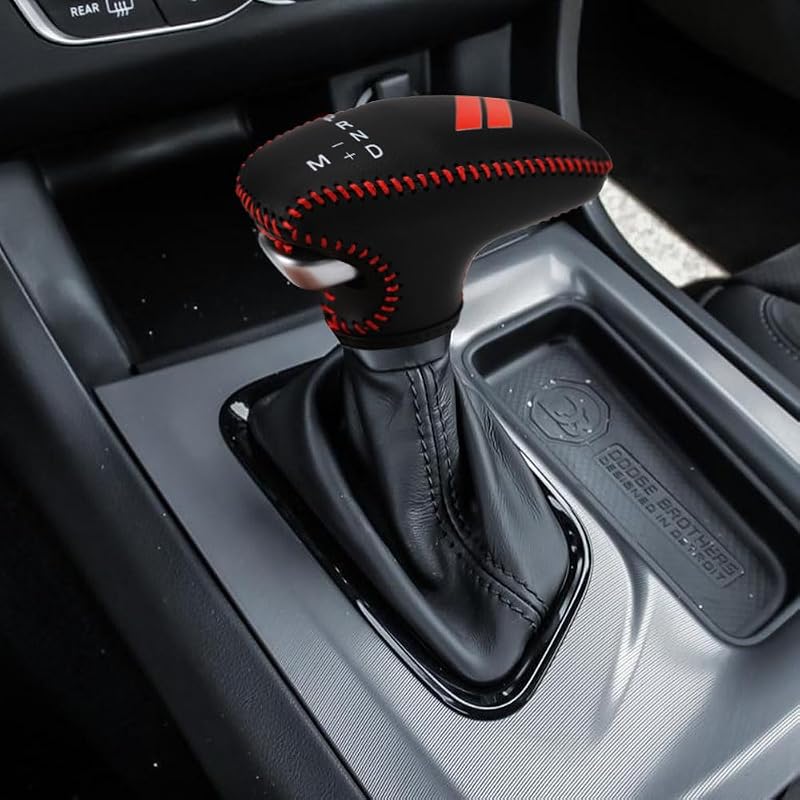 Capa para Manopla de Câmbio em Couro LEXLEY para Dodge Charger, Challenger e Durango com Costura Vermelha