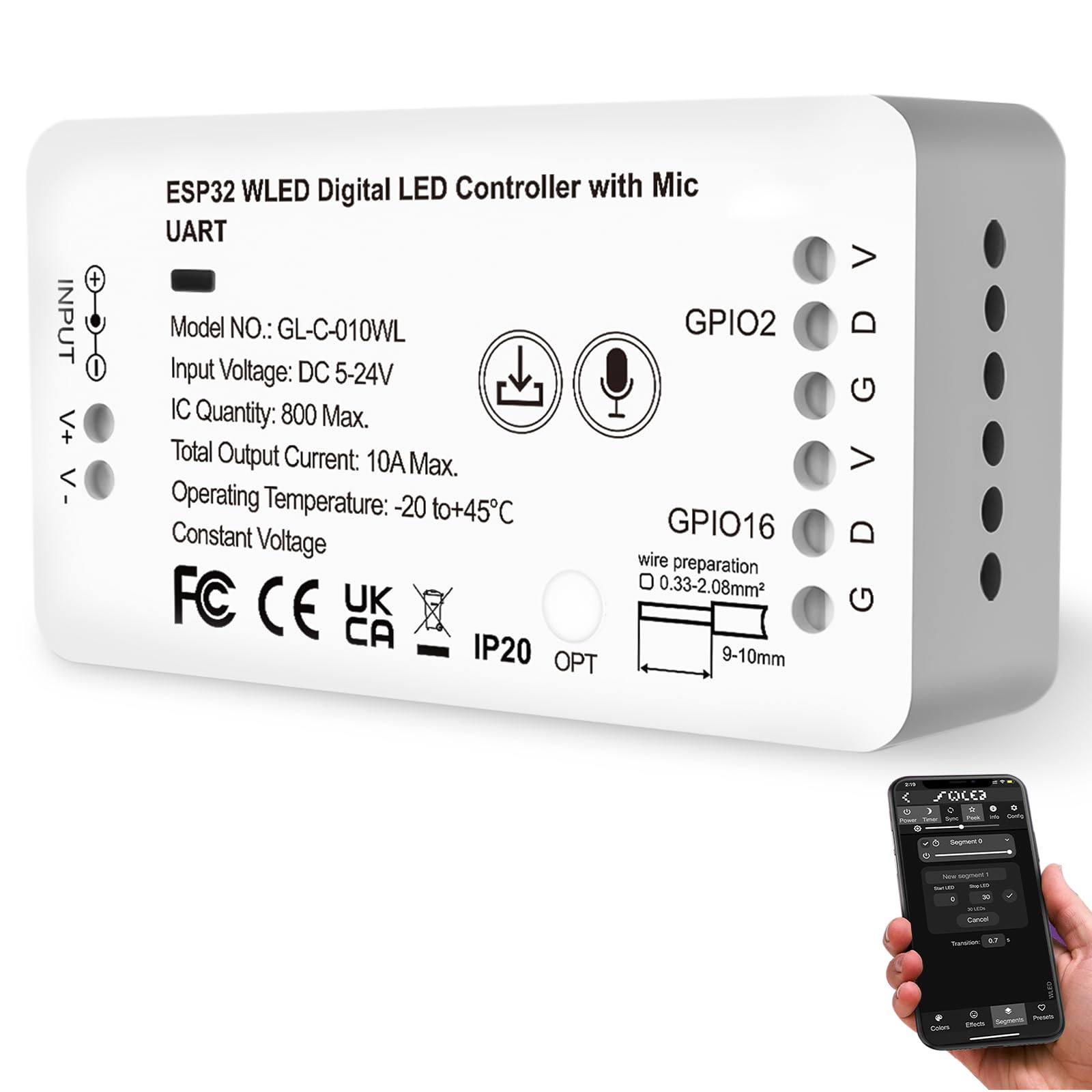Contrôleur WLED ESP32 avec microphone - Contrôleur numérique LED pour bandes LED RVB / RGBW addressables (WS2812B, WS2811, SK6812) - 5-24 V CC - Contrôle de la lumière DIY avec 100 effets