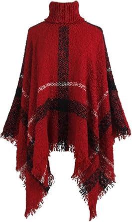 QZUnique Womens Turtleneck Poncho Sweater Knit Cape Pullover Shawl Wrap Dress Ponchos Tassels