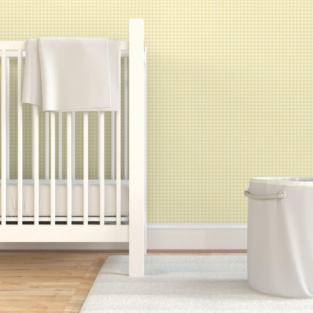 Peel & Stick Wallpaper Swatch - Pale Sunshine Gingham Yellow Lemon Check Plaid Custom Removable Wallpaper by Spoonflower