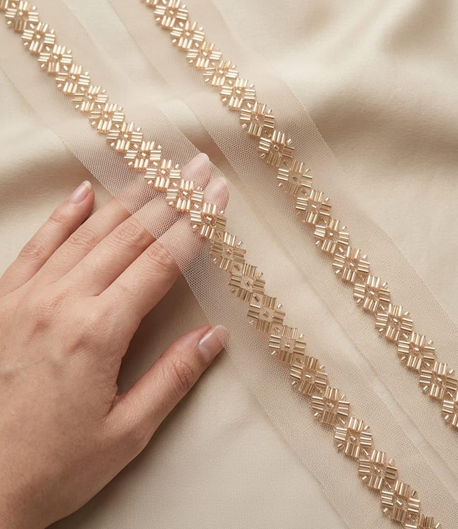 Premium Quality Fancy Beaded 3 Meter Rosegold Color Designer Lace Border,Trim Designer Lace Border for Suits,Saree Also Use for Festival Wear.-image-40
