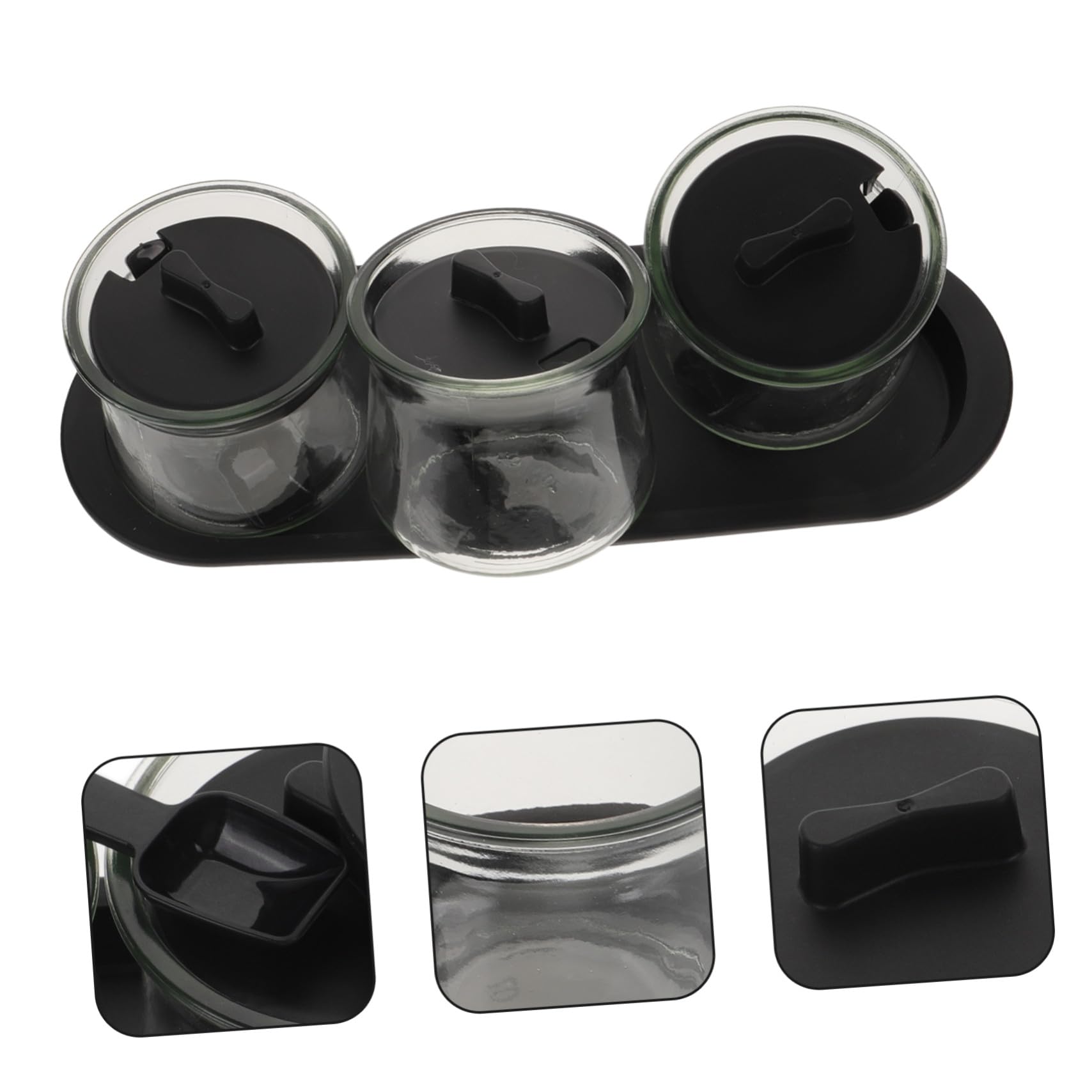 3stücke Gewürzflasche mit Tablett und Gewürzbehältern aus Glas für Salz Zucker Gewürze Küchen-würzmittelflasche für Aufbewahrung von Gewürzen und Würzmittelglaslöffeln