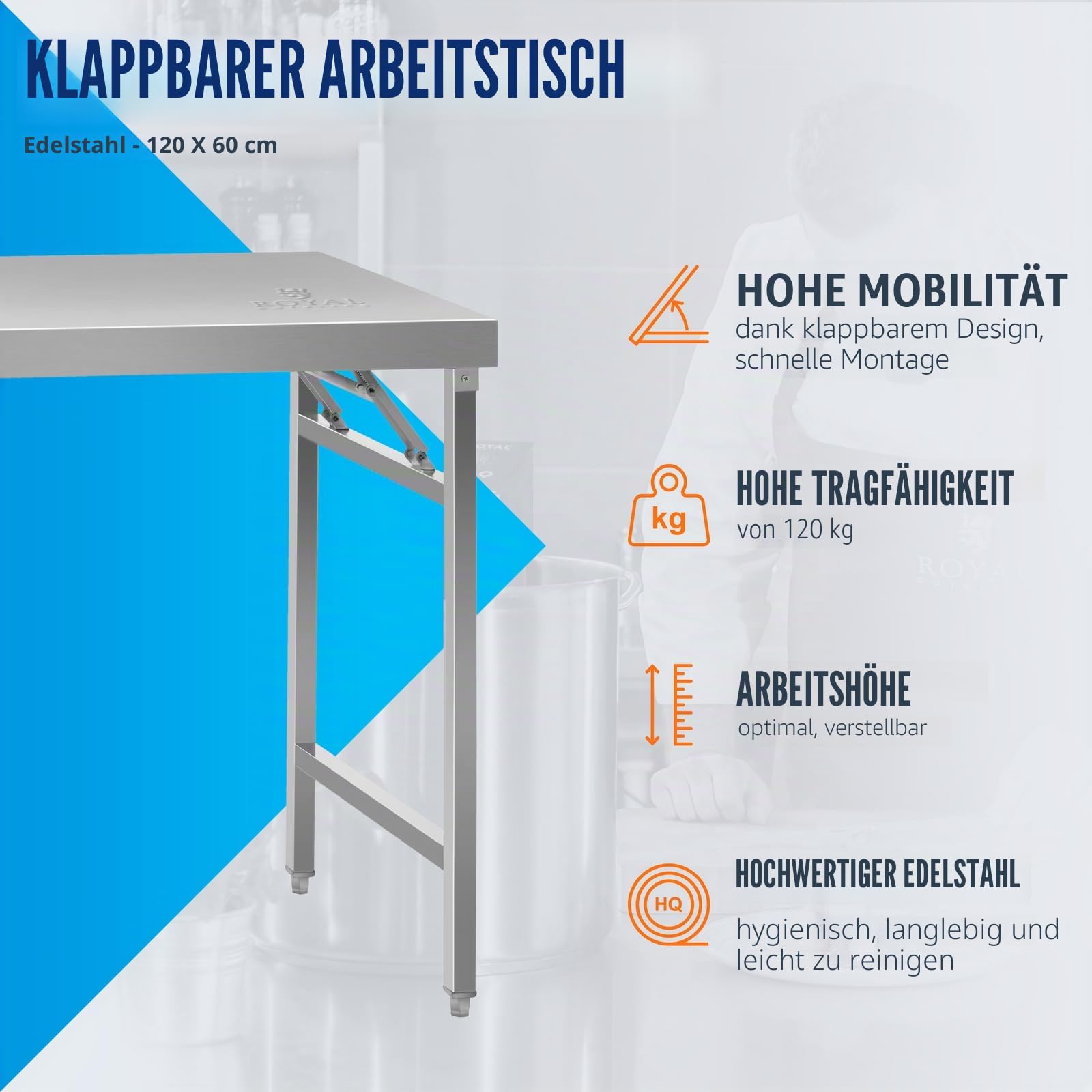 Royal Catering RCAT-120K Klappbarer Arbeitstisch Edelstahltisch (Tragkraft 210 kg, Arbeitsfläche 120 x 60 cm, Höhe 90,50 cm, Höhenverstellbar 10 mm) Edelstahl