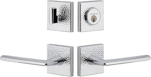 Viaggio 630328 Quadrato - Roseta martillada de 2-34 pulgadas con palanca Brezza y cerrojo a juego en juego de entrada de cromo brillante