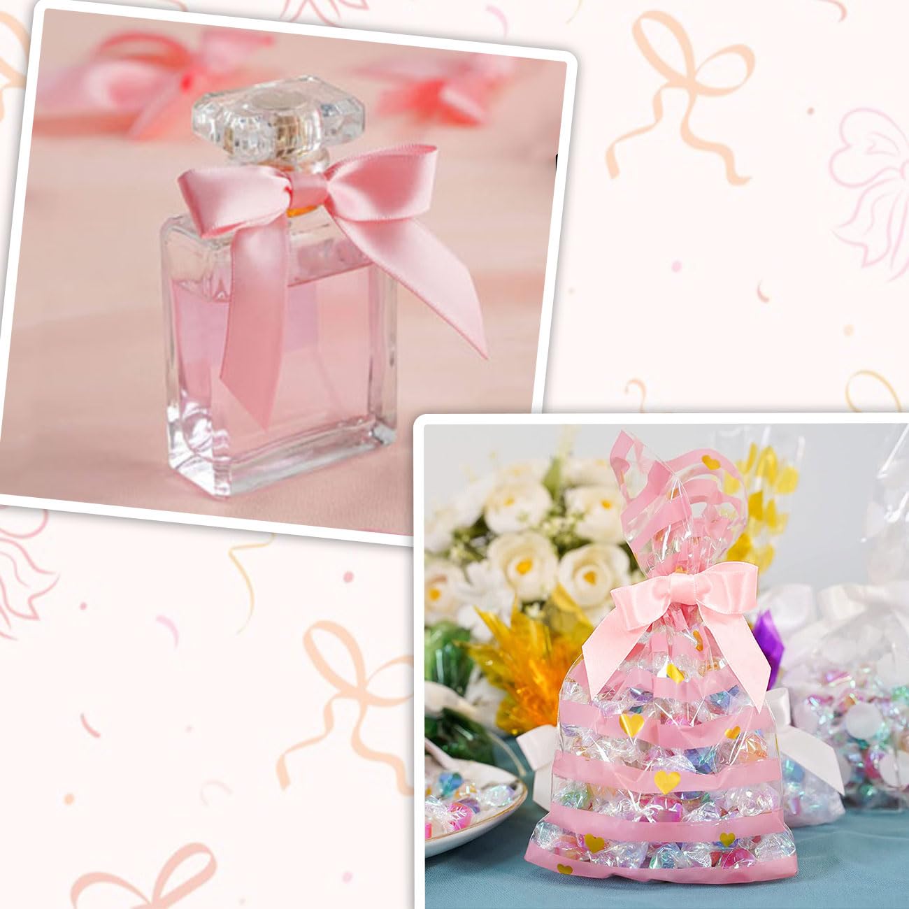 Lazos pequeños de Satén Decorativos para Regalos, 50PCS, Cierre Transparente, Rosa