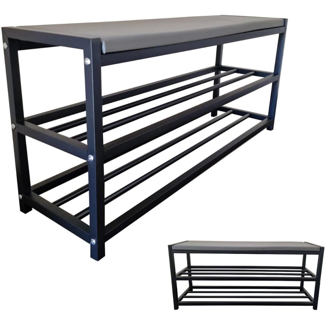 Maka Schuhregal Platzsparend, Schuhregal Mit Sitzbank Metall Schwarz, Shoe Rack Outdoor Wetterfest, Schuhbank mit Sitzfläche, Schuhbank Schwarz (90 cm) Küche, Haushalt & Wohnen