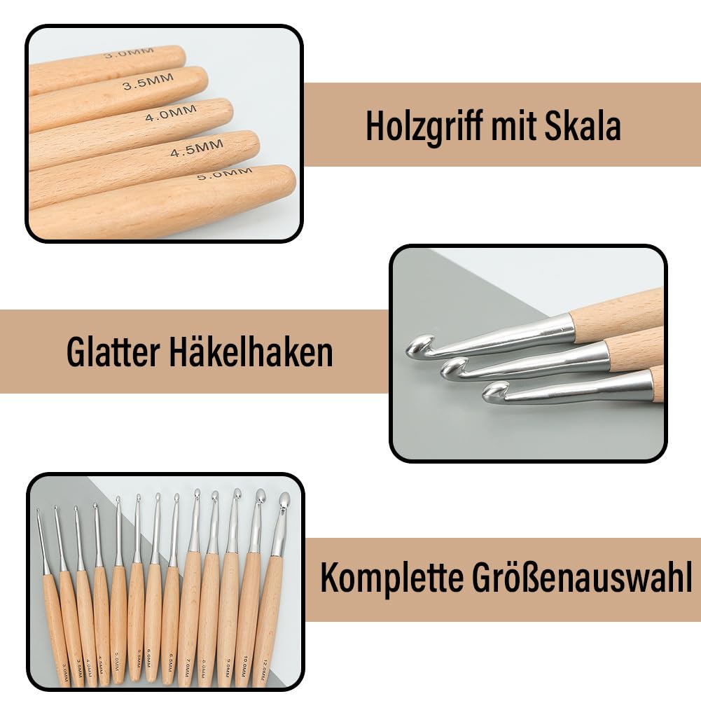 TMTGTS Szydełko 13 szt. szydełek, akcesoria do szydełkowania, szydełka z drewnianymi uchwytami, ergonomiczne druty do robienia na drutach, narzędzie do szycia, do dywanów, czapek, ręczników, dywanów