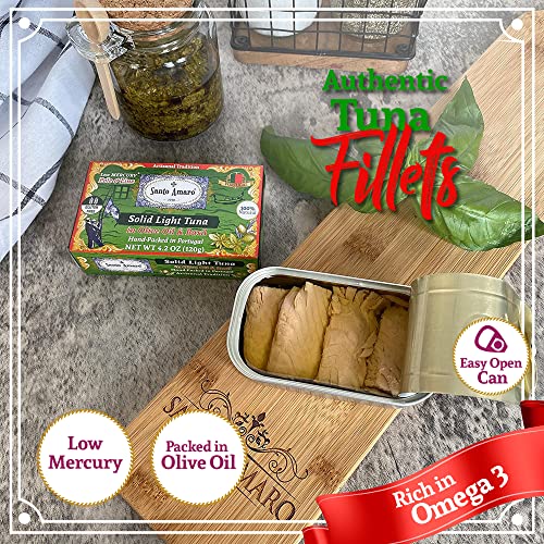 Image of Santo Amaro - Artisanal Wild Tuna Fillets in Olive Oil & Basil, Pole & Line Wild Caught Tuna from Portugal Hand-Packed Venice-Style! Canned Tuna Fish, 22g Protein, Paleo, Keto, Low Mercury, Pack of 3
