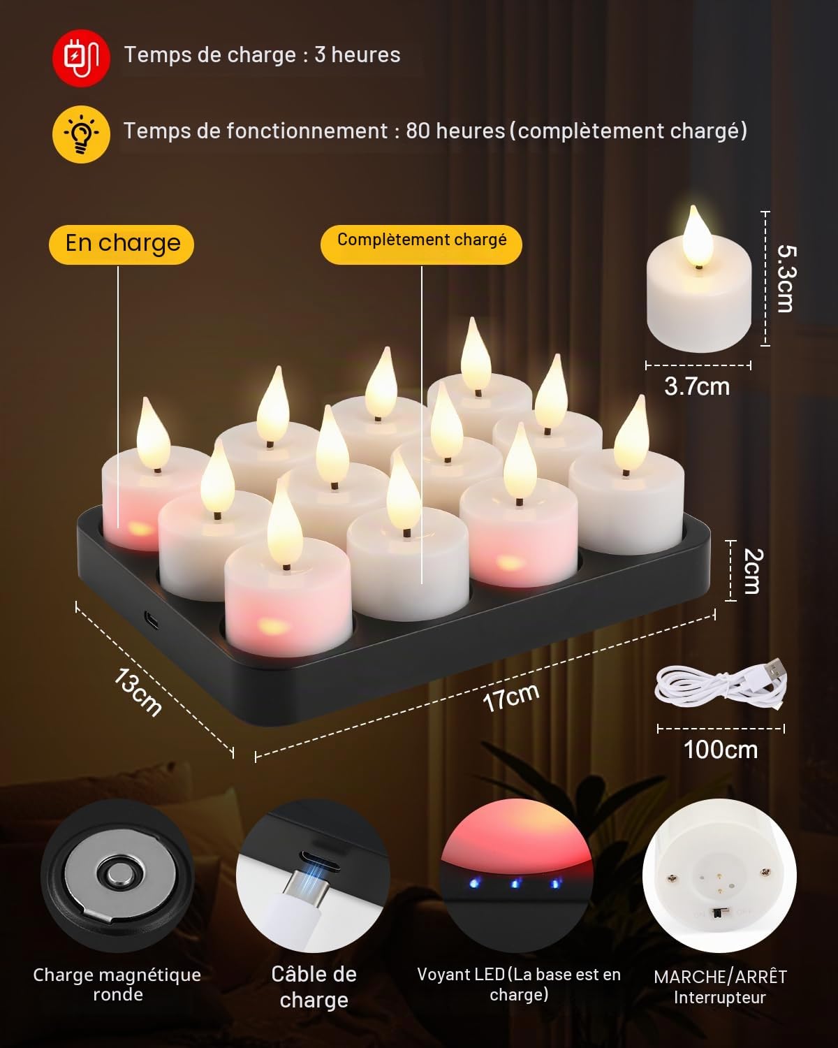 Bougies Chauffe Plat LED avec Station de Recharge Magnétique, Lot de 12 Bougies LED Scintillantes avec Minuterie et 2 Télécommandes, Idéales pour Noël Halloween Table Fêtes Salon Décoration