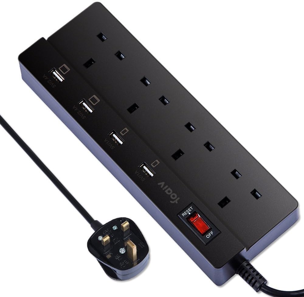 Extension Lead with 4 USB Ports, 4 Way Foaiv USB Power Strip with Overload Switch, 1.8 Metre Extension Cord with Fuse Surge Protection Applicable for Appliances, Charging Smart Phone, Tablet - Black