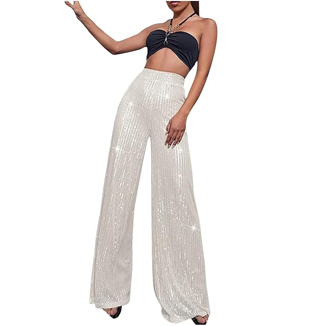 Womens Summer Wide Leg Pants Casual Sequins High Waisted Palazzo Pants Fashion Dressy Elegant Flowy Trousers