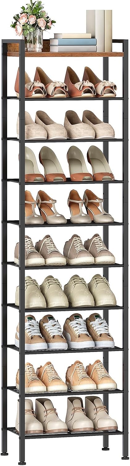 HOOBRO 10 Tier Shoe Rack Organizer with Wooden Top, Narrow Shoe Storage Shelf for 10-18 Pairs, Tall Metal Shoe Rack for Closet Entryway, Hallway, Bedroom, Space Saving, Rustic Brown BF11XJ01