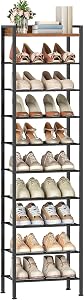 HOOBRO 10-Tier Shoe Rack, Shoe Storage Organizer with Removable Shelves, Narrow Display Shelf, for Entryway, Hallway, and Living Room, Black and Rustic Brown BF11XJ01